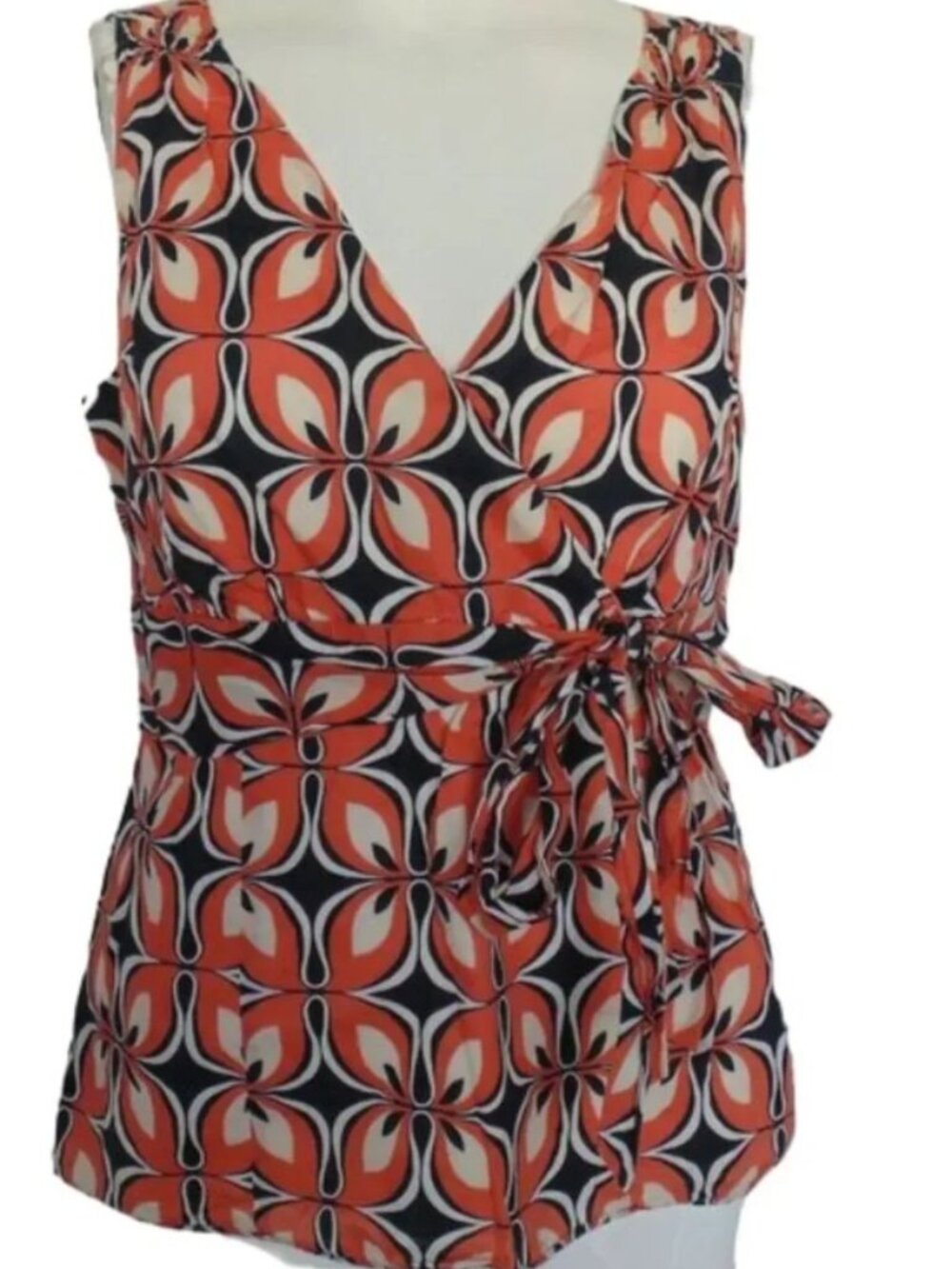 ANN TAYLOR Top, 8, Floral, Orange/Blue, Sleeveless, V-neck, Side Zip, Self tie